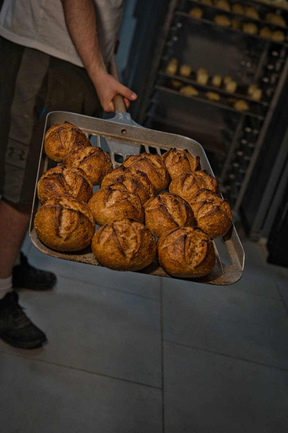 Brutarul ține o lopată plină cu chifle rumene, abia scoase din cuptor