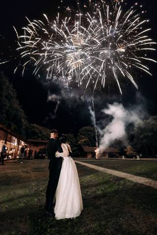 Mirii îmbrățișați pe iarbă, cu spatele, privind artificiile de deasupra pavilionului